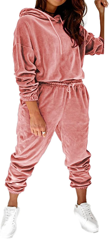 Women'S Velour Tracksuits Set Hooded Pullover Sweatpants Long Sleeve 2 Piece Joggers Outfits (Pink,Small)