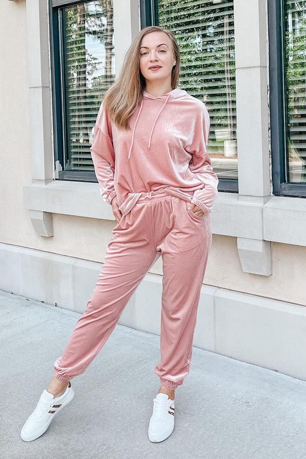 Women'S Velour Tracksuits Set Hooded Pullover Sweatpants Long Sleeve 2 Piece Joggers Outfits (Pink,Small)